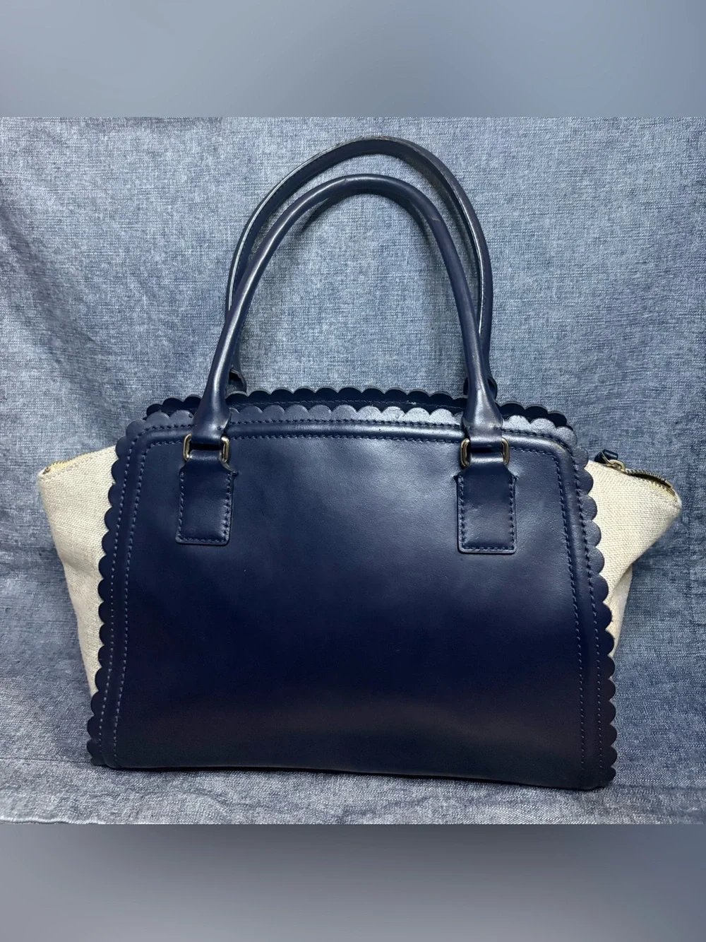 EUC Kate Spade Marguerite Lilac Road Navy Blue Leather/Canvas Shoulder Bag Purse